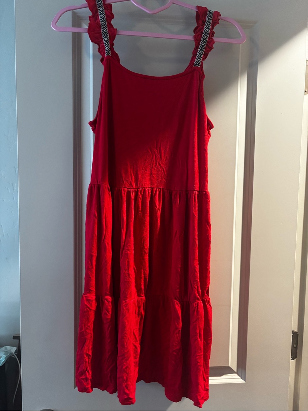 Madison Grey Ruffled red top with ruffled Straps black and white design